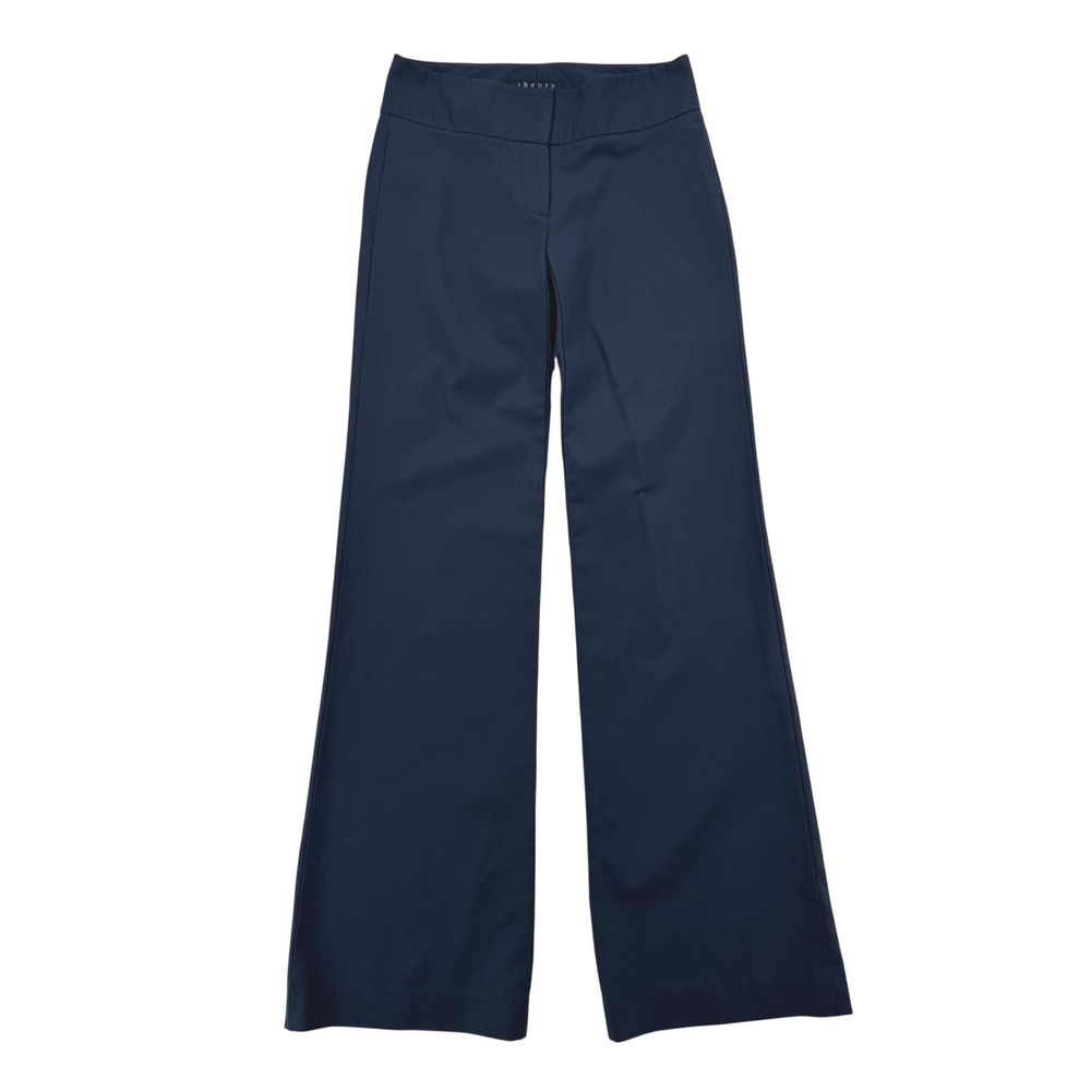 Theory Wide Leg Trousers Womens 00 Navy Blue Excellent Wool Blend Made in USA